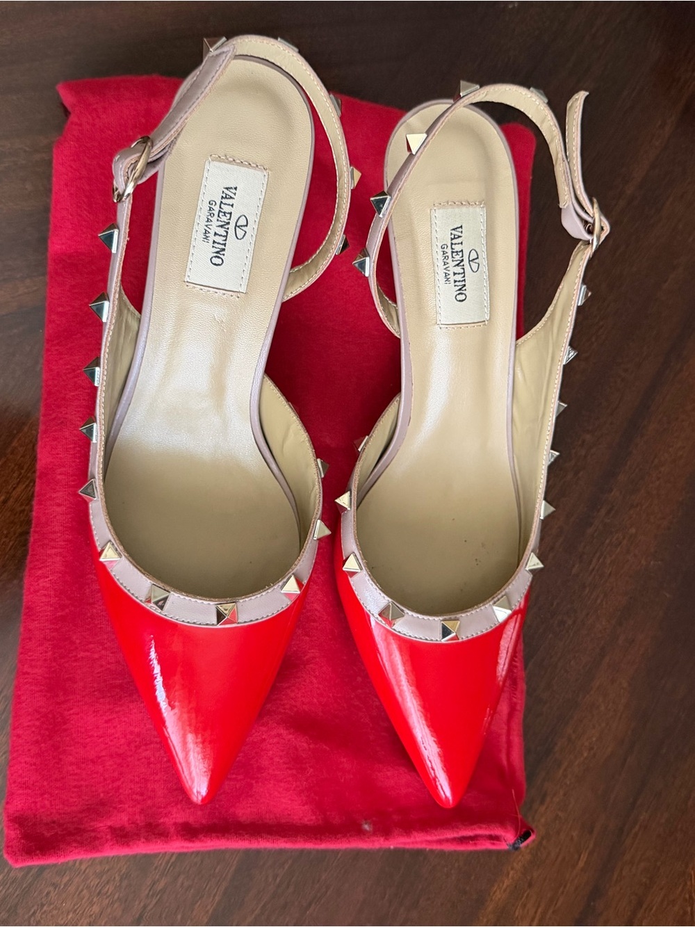 Valentino Garavani Red Patent Rockstud Slingback Pumps with Blush Trim